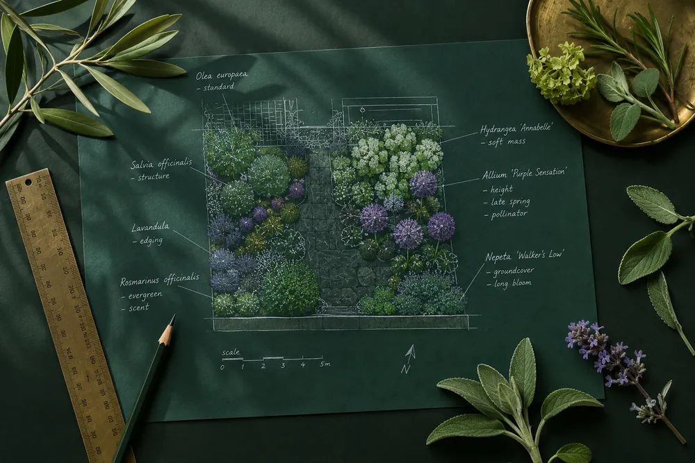 Plano de plantacion dibujado a mano con especies anotadas