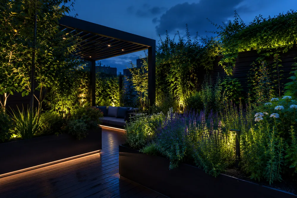 Terraza de jardin al anochecer con iluminacion calida integrada en la vegetacion